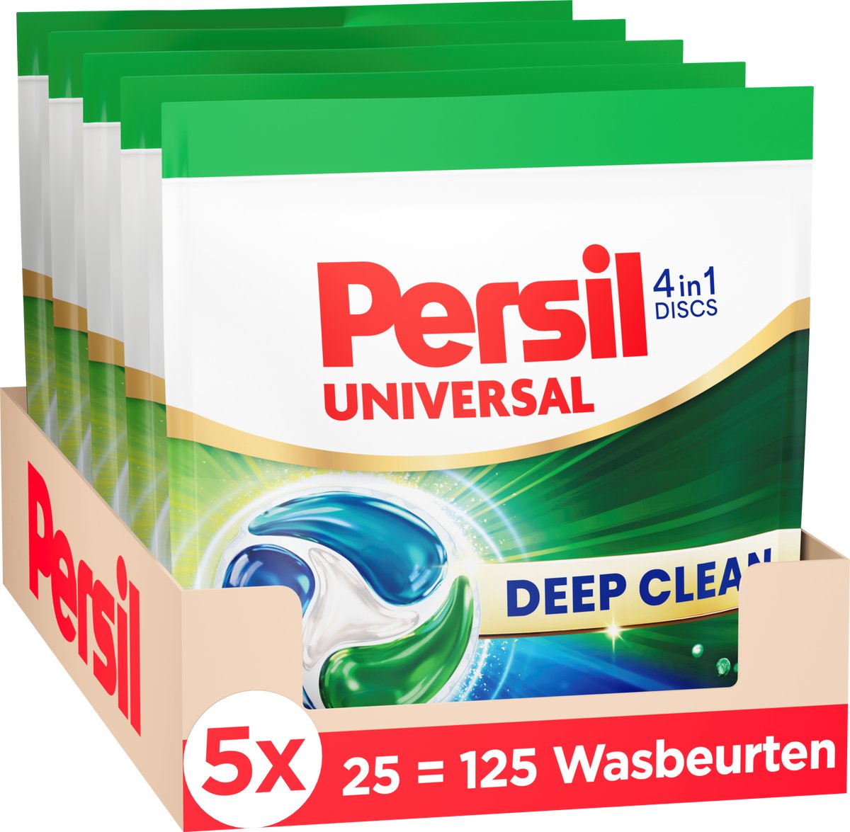 Persil skiver universal - vaskemiddelkapsler - 4-i-1 skiver - til alle farver i vasketøj - pletfjerning - 5 x 25 vaske