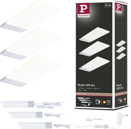 Paulmann LED under skabsbelysning Bredo nærhedsafbryder sæt 3 stk 3x2,5w 80x190 mm 3x180lm 230 12v sølv