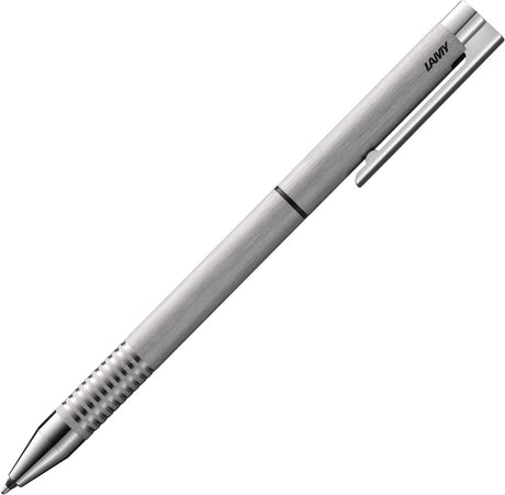 Lamy sæt bestående af 1x twin pen multipen system med logo 606 kuglepenne og mekanisk blyant lavet af rustfrit stål i børstet og 1x ægte læder etui i sort til to skriveredskaber