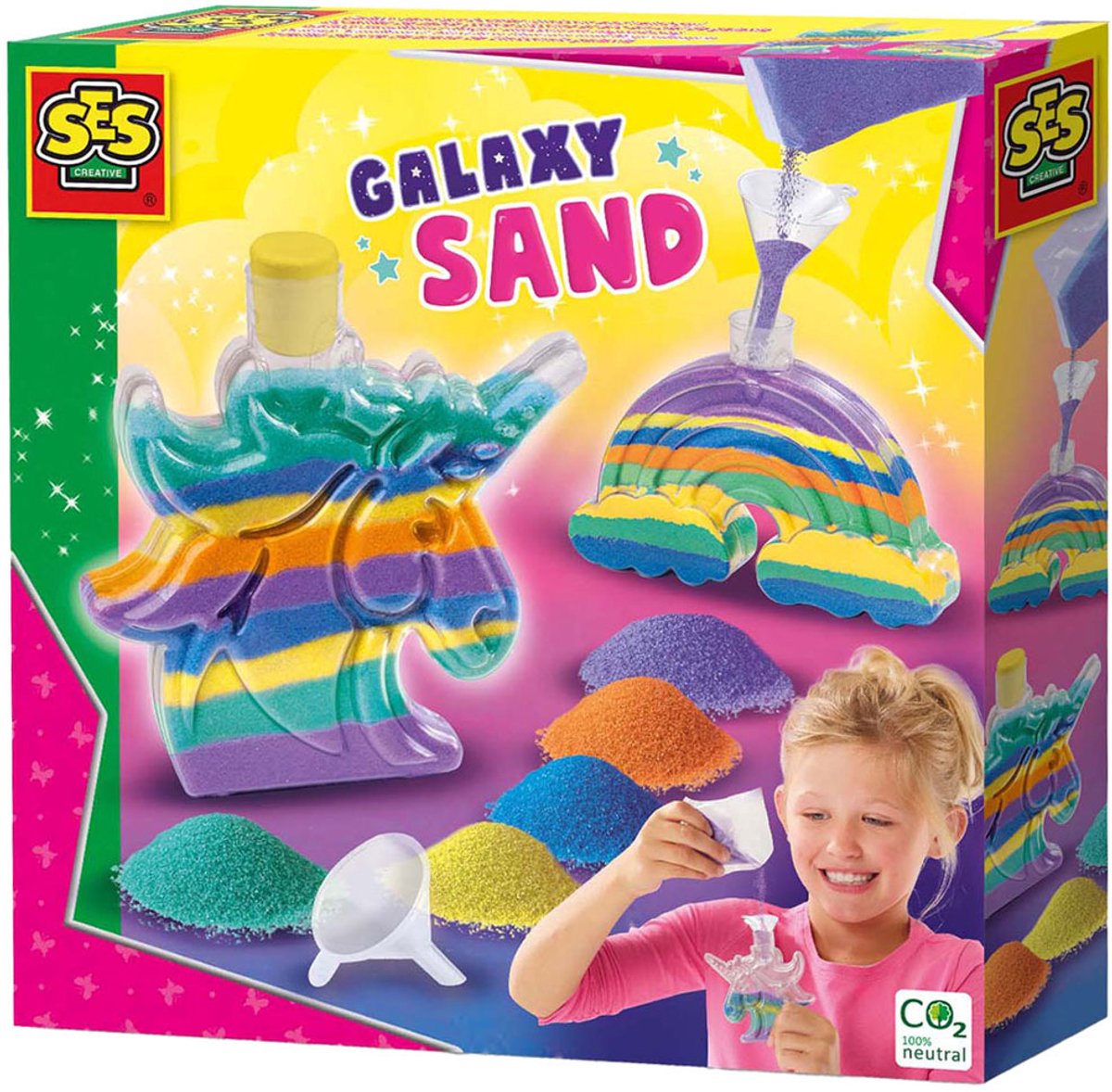 Ses creative - galakse - sandkunst - crafting girl - enhjørning og regnbue - 5 farver og 1 tragt - fra 5 år