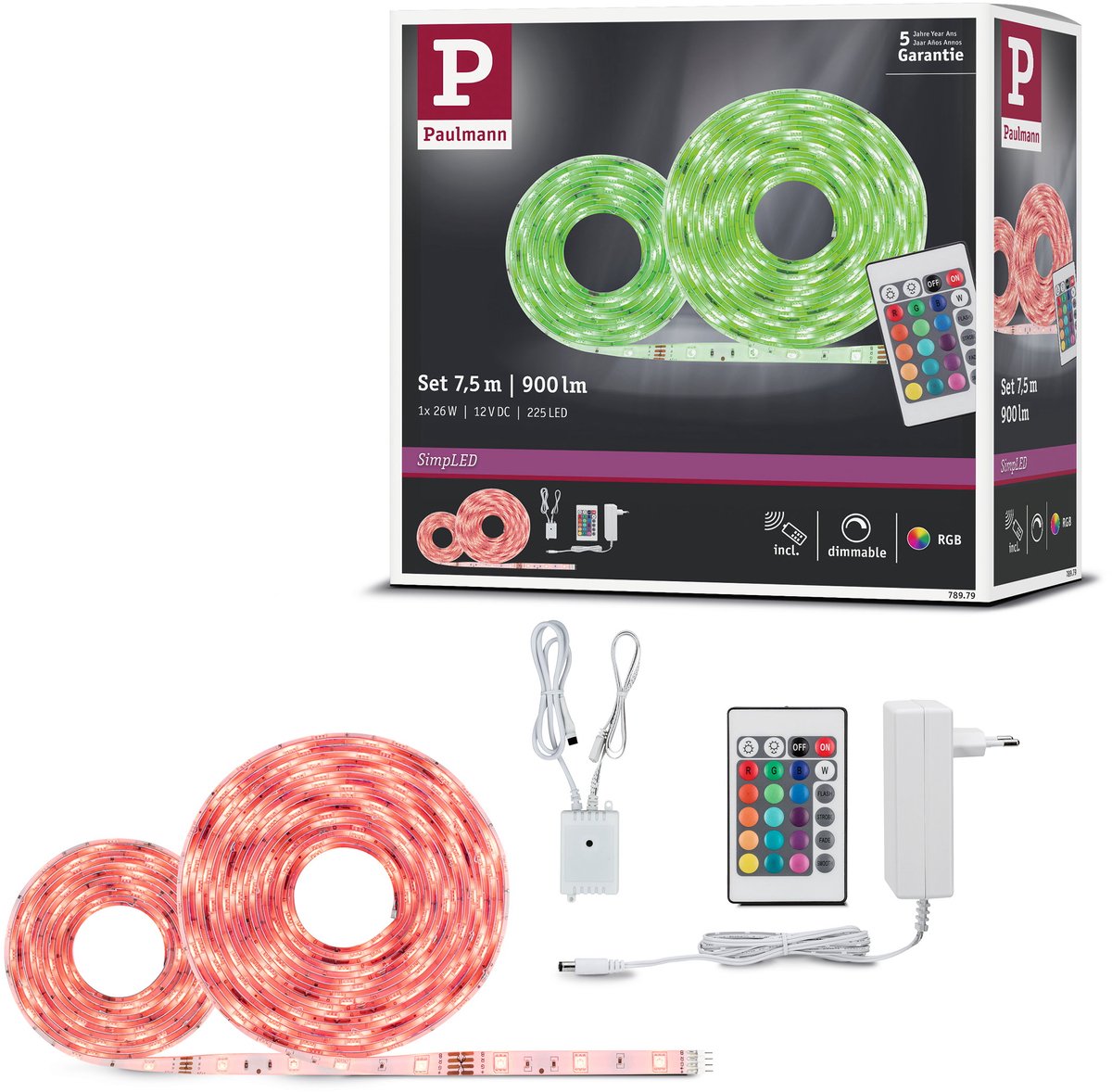 Paulmann simpled led strip 7,5 meter rgb - plug play sæt - 26w - 12v - hvid - metal plast