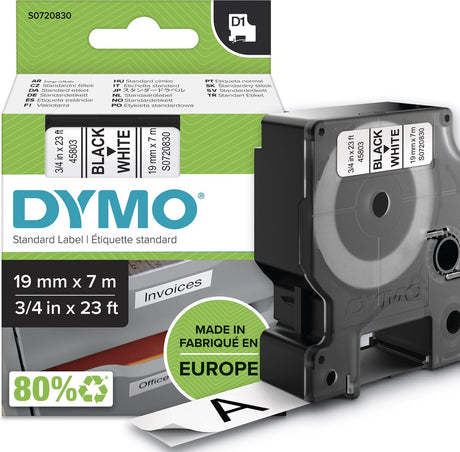 Dymo tapes d1 polyester 19mmx7m sort og hvid blank