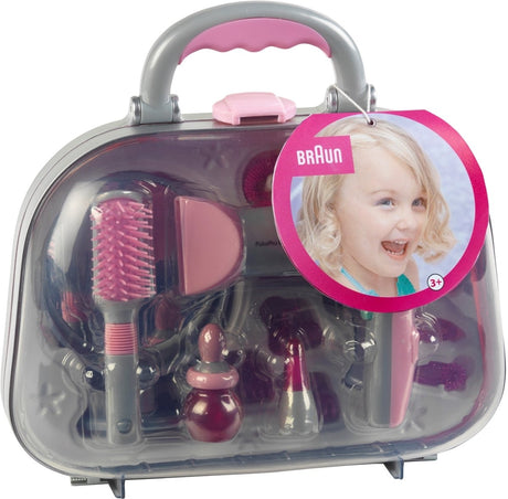 Klein legetøj Braun frisørsalon med hårtørrer - inkl. styling tilbehør og blæser med kold luft mekanisme - pink grå