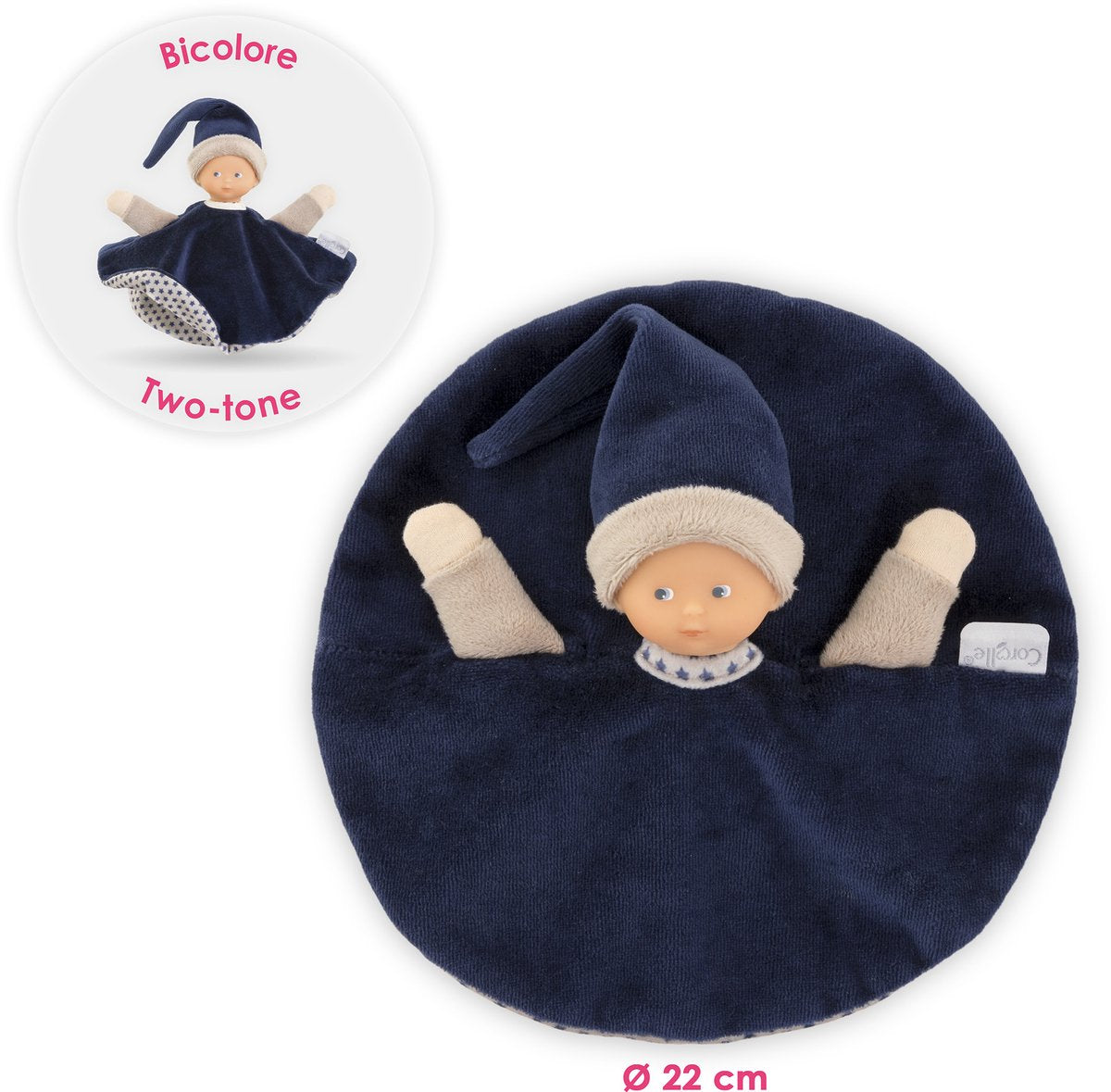 Corolle krammeklud - marineblå babyklud 17cm - blødt legetøj.