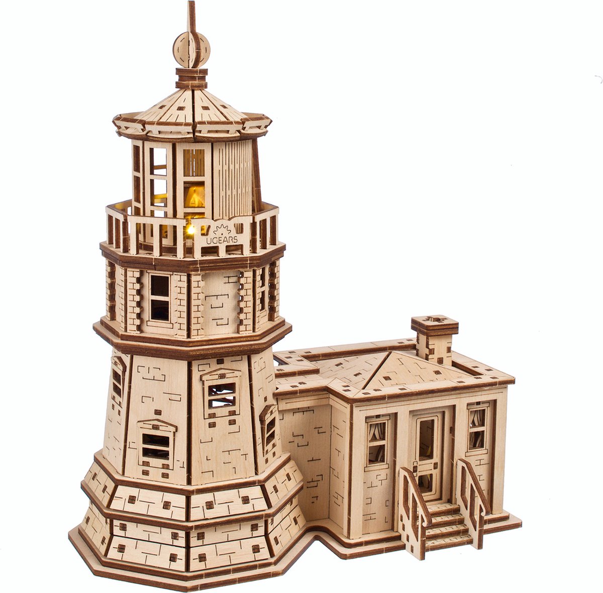 Ugears træ 3D model - split rock fyrtårn med lys