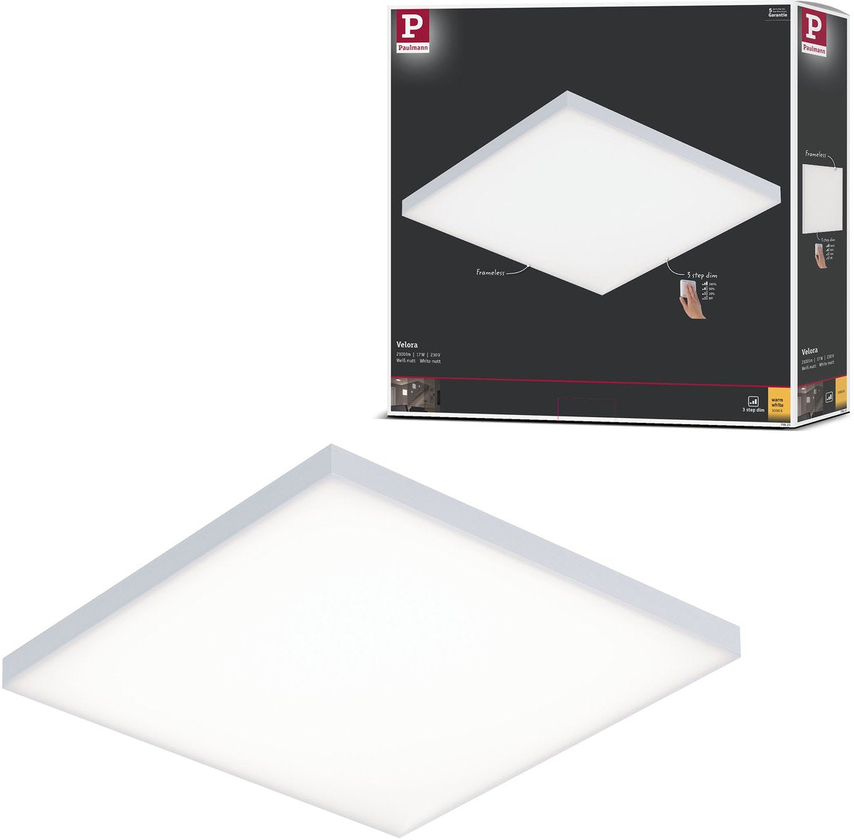 Paulmann LED-panel 3-trins-dæmpende velora kantet 295x295 mm 17w 1600lm 3000k hvid dæmpbar