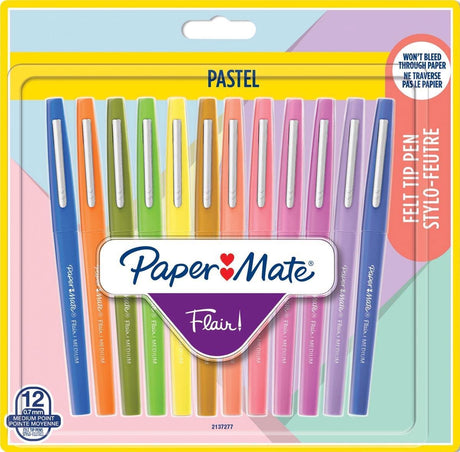 Paper mate flair tuschpenne | mellempunkt (0,7 mm) | forskellige pastelfarver | 12 stk