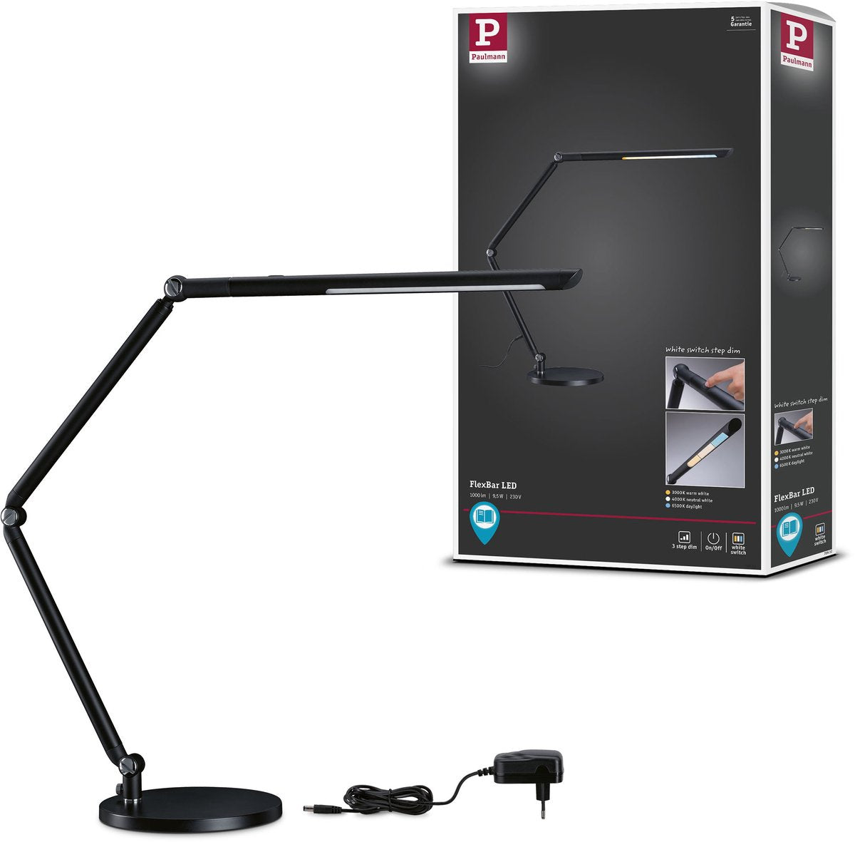 Paulmann LED skrivebordslampe 3-trins-dæmpet flexbar hvid kontakt 700lm 9,5w sort