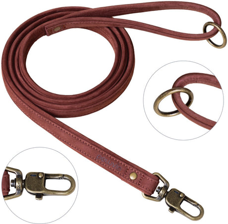 Peluvio regent - hundesnor i læder - str. s - 1,5 cm bred - 1,7 m lang - til små og mellemstore hunde - okselæder - kobberdetaljer - sikkerhedslås - brun hundesnor