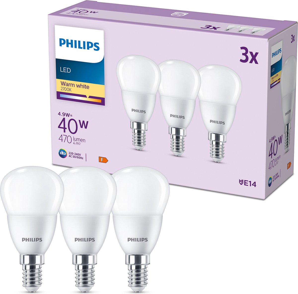 Philips led kogellamp mat - 40 w - e14 - warmwit licht - 3 stuks