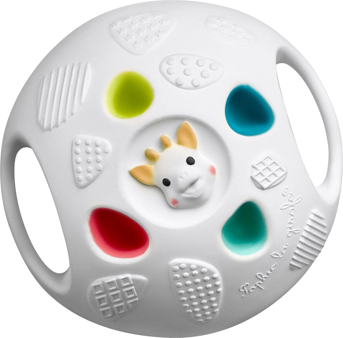 Sophie the giraffe so'pure senso'ball - legebold - babylegetøj - legetøjsbold - 100% naturgummi - ok-biobaseret - i genbrugsgaveæske med økologisk bomuldssløjfe - ø9,5 cm