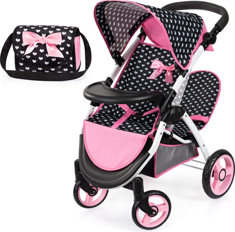 Bayer design tvillingdukkevogn twin xeo, dobbeltdukkevogn, justerbar skubbestang, taske i sort og hvid pink