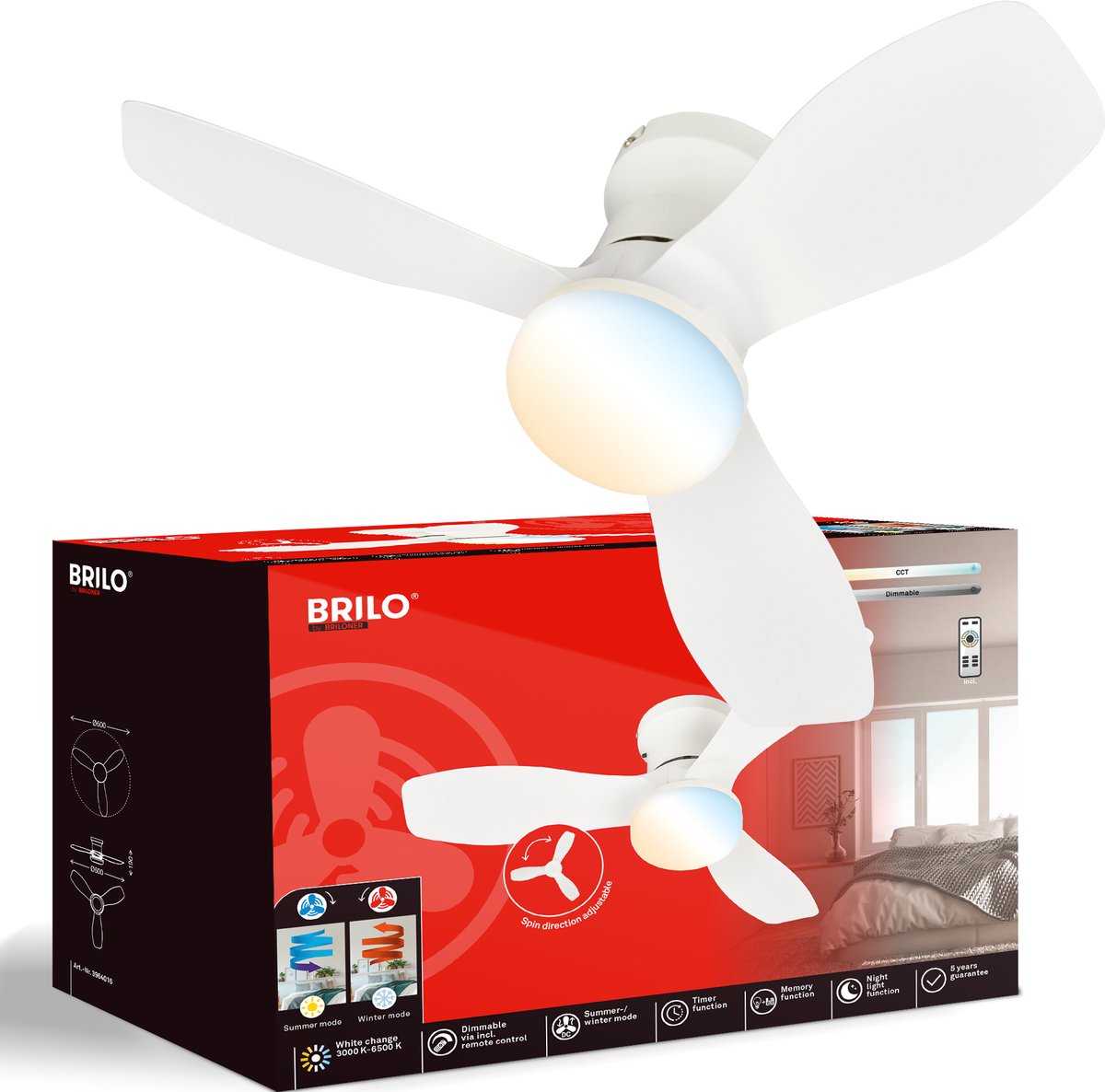 Briloner lufito - loftventilator med belysning - LED loftslampe med ventilator - ventilatorlampe sommer- og vintertilstand - dæmpbar - CCT - ø60 - hvid