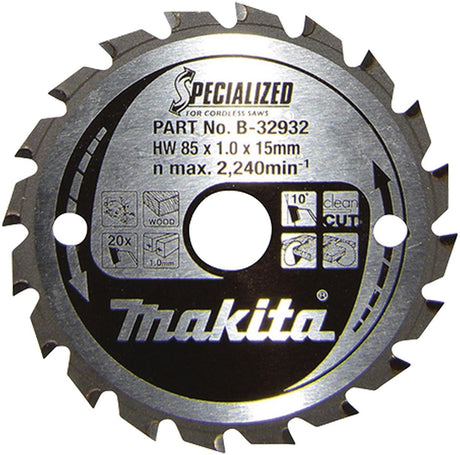 Makita specialiseret b-32932 hårdmetal rundsavklinge 85 x 15 x 0,7 mm antal tænder: 20 1 stk.