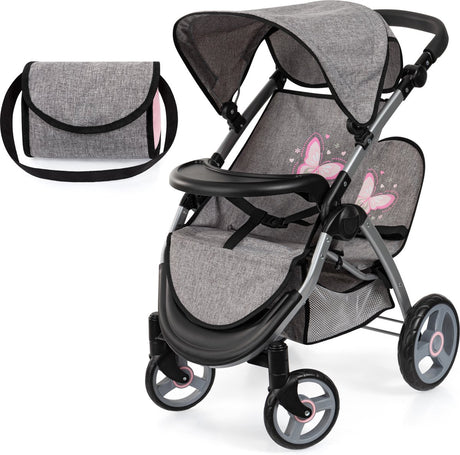 Bayer design tvillingdukkevogn twin xeo, dobbeltdukkevogn, justerbar skubbestang, taske i jeans grå, pink