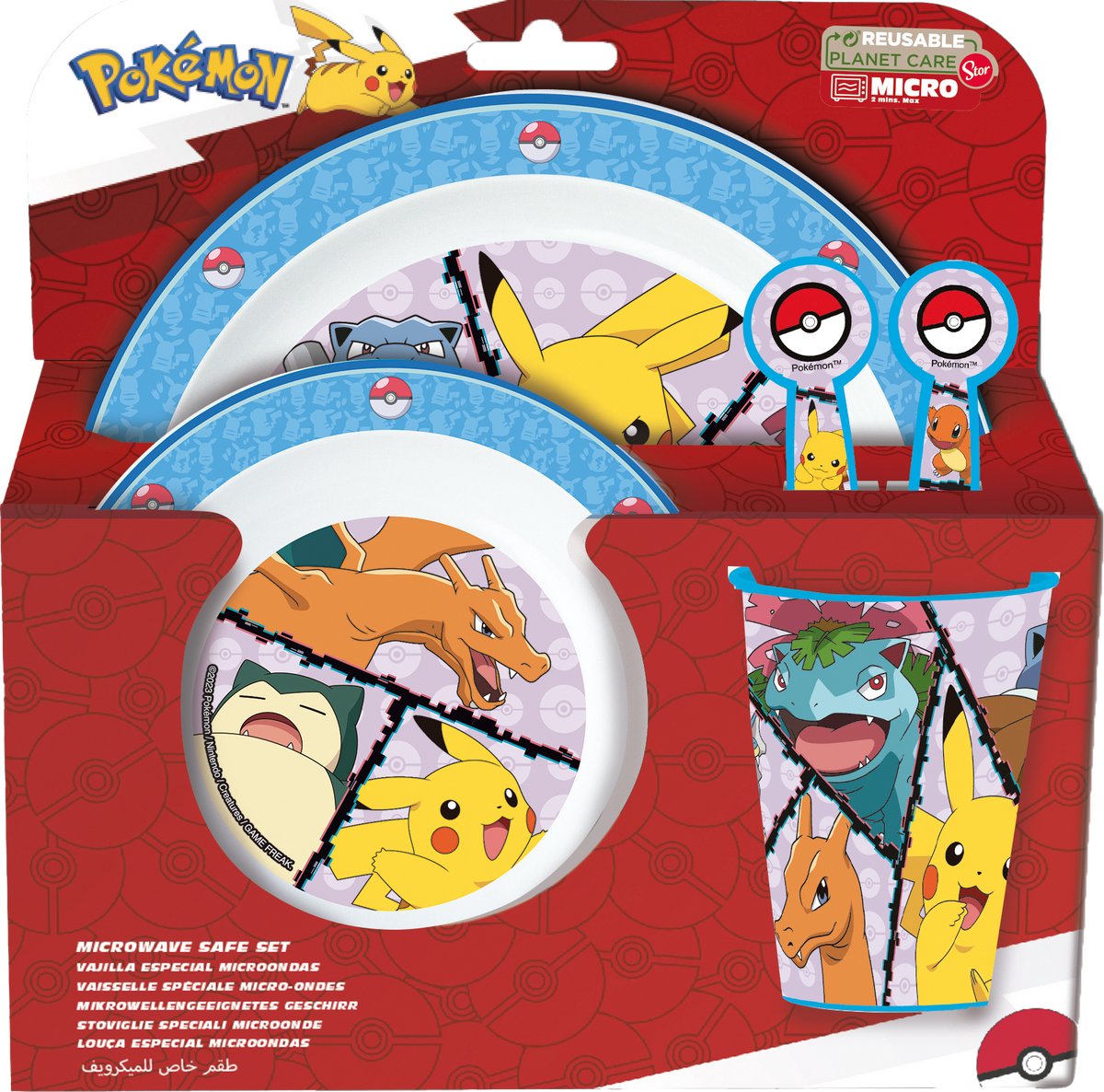 Stor pokémon børneservice - 5-delt - genanvendelig - inklusive tallerken, skål, bestik og kop - tåler opvaskemaskine og mikroovn BPA-fri - hvid blå