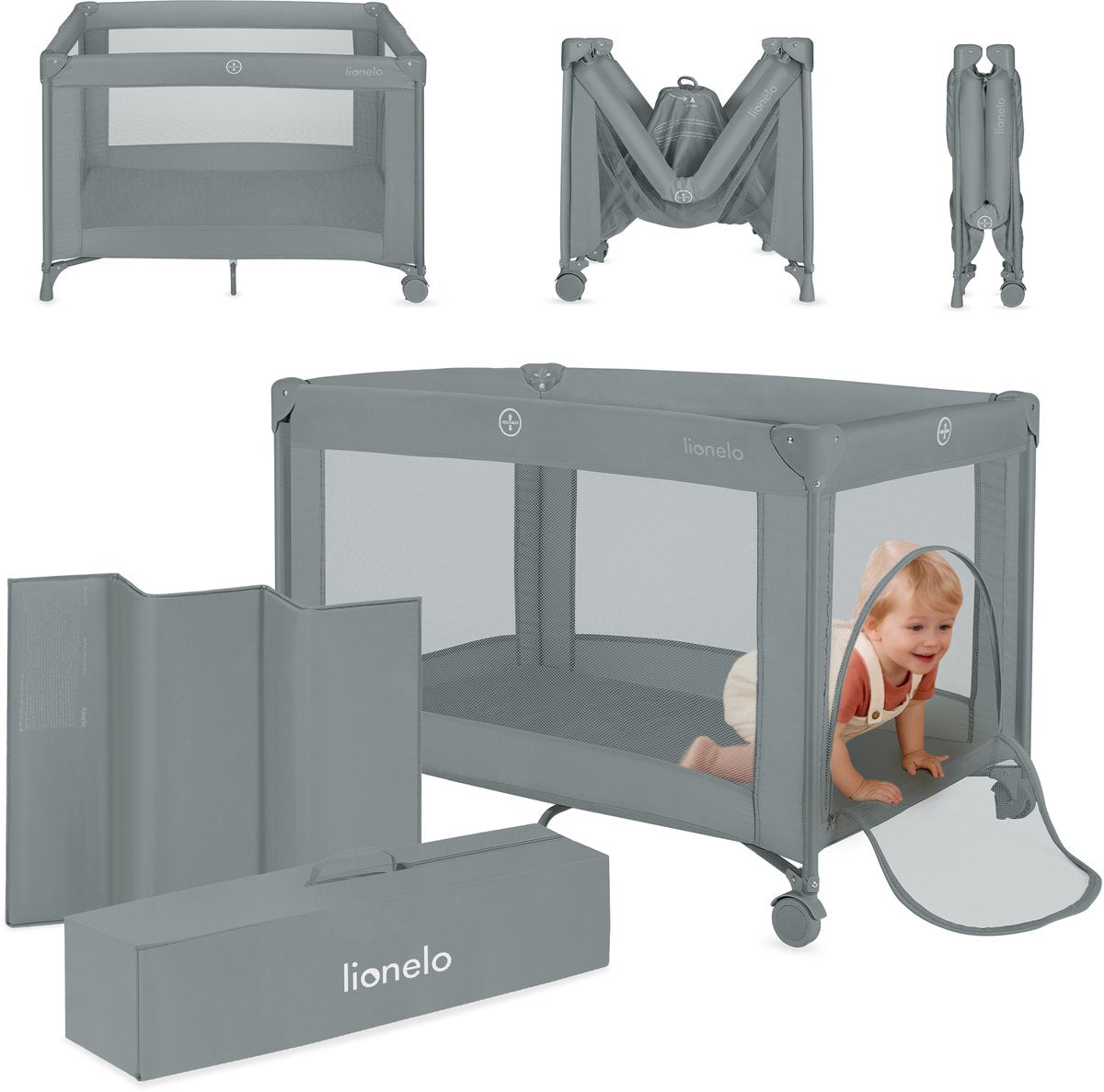Lionelo amelie campingseng 3i1: babyseng + rejseseng + kravlegård – med komfortabel madras – kompakt og let – sideindgang – rejsetaske – 70x100 cm