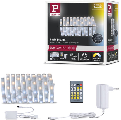 Paulmann maxled 250 led strip basis sæt 3m tunable hvid 3m coated ip44 11w 270lm m 30 leds m tunable white 24va