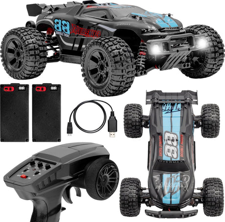 Overmax x-stable rc bil rc bil – 35 km t – 4x4 monstertruck – 1:10 – metaldrev – oliestøddæmpere – dobbelt LED-belysning – 2 batterier (op til 40 min køretid) – justerbar styring – aktiv bremse – terrænmodel – styrbar bil