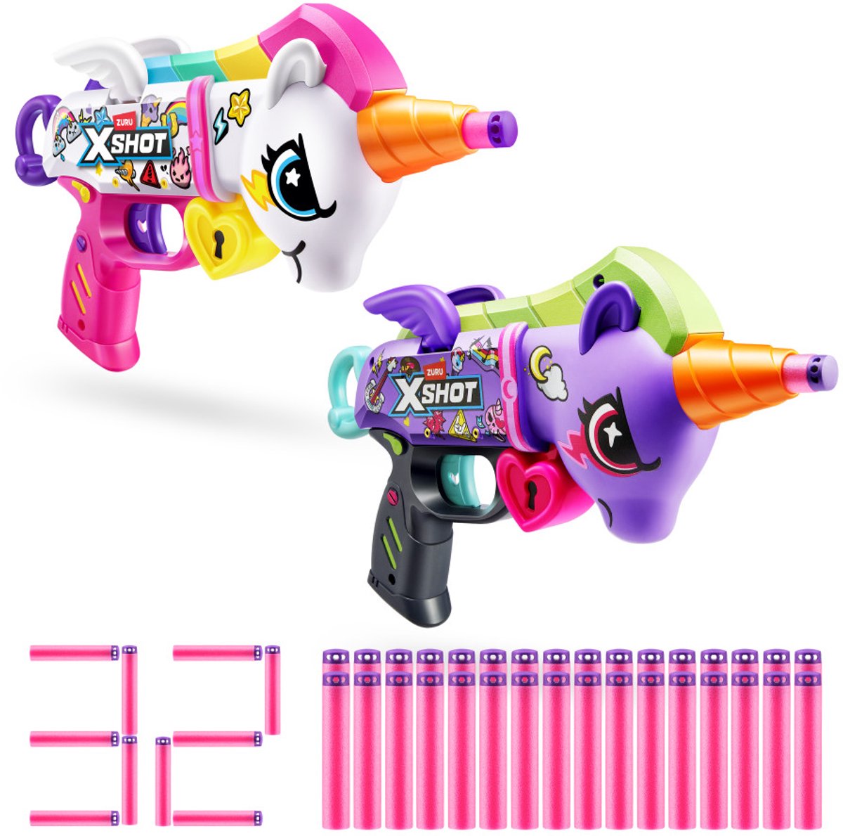 Xshot blastercorn hvid og lilla sæt - zuru unicorn legetøjsblaster 2-pak