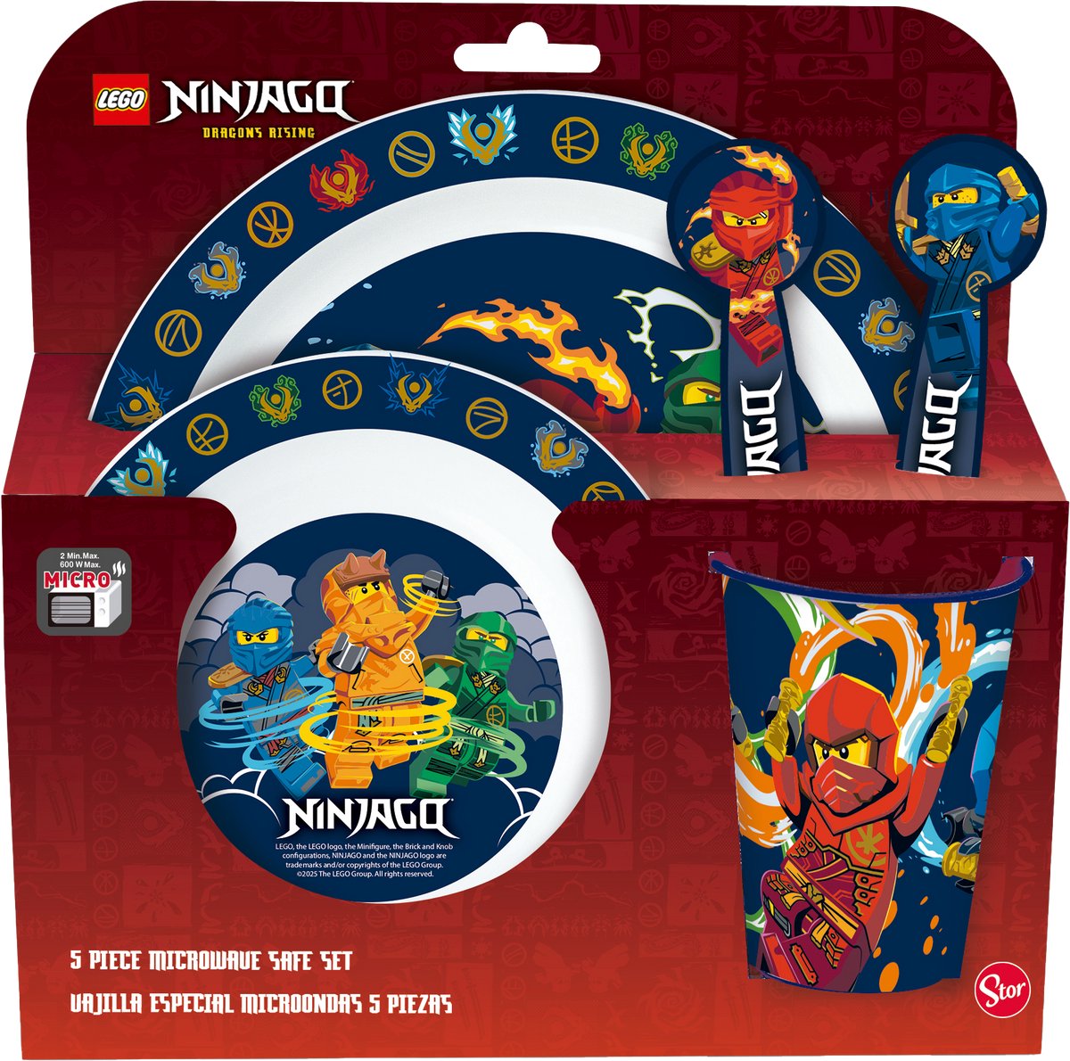 Stor Lego Ninjago børneservice - 5-delt - genanvendelig - inklusive tallerken, skål, bestik og kop - tåler opvaskemaskine og mikroovn BPA-fri - hvid mørkeblå
