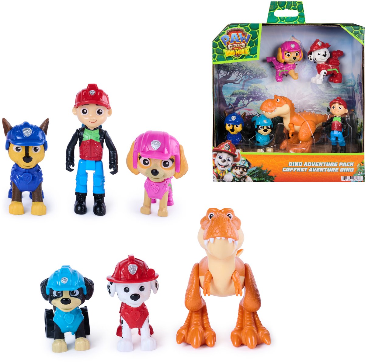 Paw Patrol - The Dino Movie - Dino Adventure Pack, saml 6 actionfigurer inklusive Ryder, Rex og Timmy De T. rex, dinosaurlegetøj