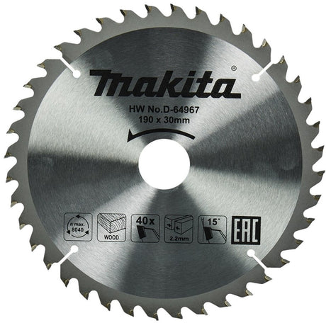 Makita tilbehør rundsavklinge træ | standard, 190x30x2,2 40t 15g - d-64967 - d-64967