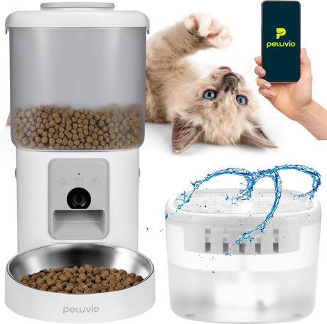 Peluvio festmaddispenser med kameradrikkefontæne – 4,5 l automatisk kattefoderskål med app – 3mp nattesyn – 2,5 l vandfontæne med filtre – WiFi – 5 måltider om dagen – skål i rustfrit stål – batteribackup