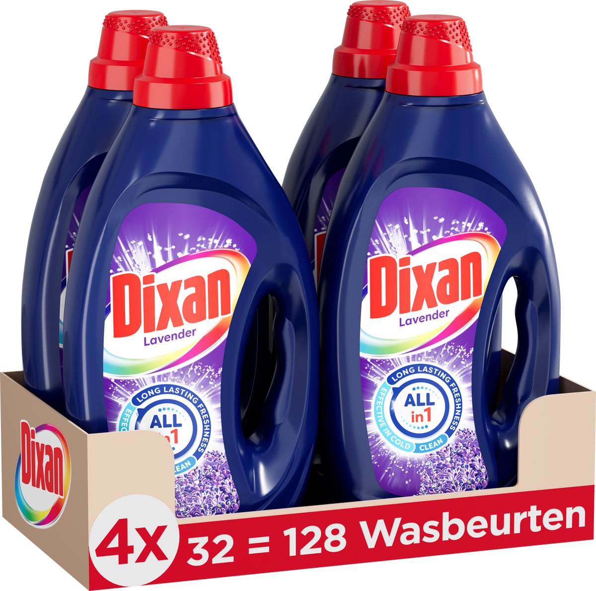 Dixan gel frisk lavendel - flydende vaskemiddel - til alle farver i vasketøjet - intens duft - 4 x 32 vaske - værdipakke