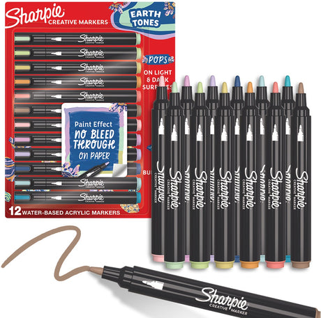 Sharpie kreative tusch akrylmaling tuscher | jordfarver | vandbaserede malingsmarkører | Udtværer ikke, skriver på de fleste overflader | punkttegn | skolematerialer | forskellige farver | 12 stk