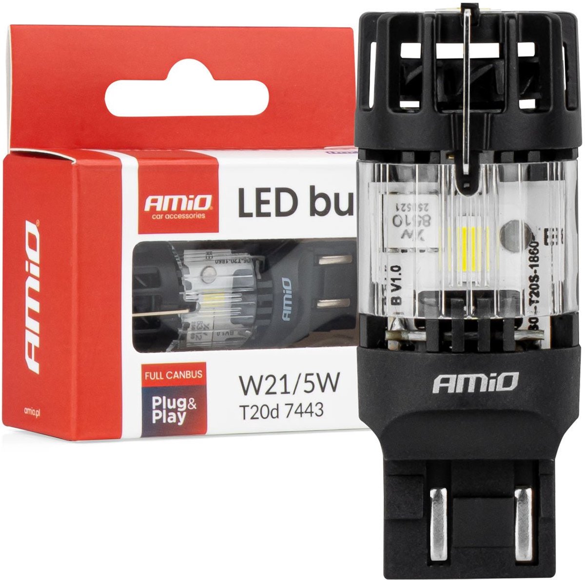 Amio LED-lampe Lumitec T20D 7443 W21 5W 12V Fuld Canbus – hvid dual-filament LED-udskiftning (1 stk)