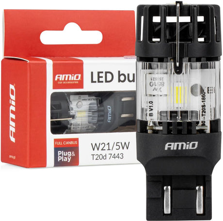 Amio LED-lampe Lumitec T20D 7443 W21 5W 12V Fuld Canbus – hvid dual-filament LED-udskiftning (1 stk)