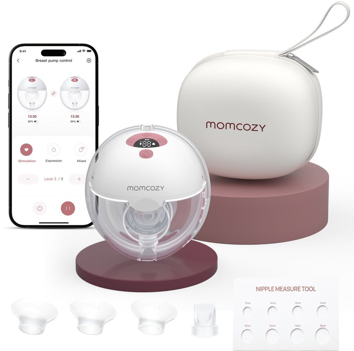 Momcozy m5 smart – håndfri brystpumpe – 1 stk – elektrisk – lydløs kompakt – med brystskjoldindsatser – hvid rød