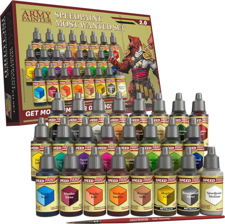 Army painter speedpaint most wanted sæt 2.0 - akrylmaling sæt udvidet med 24 flasker 18ml farvespektrum fra speedpaint startsættet - inklusive 1 base coat pensel til miniature model maling