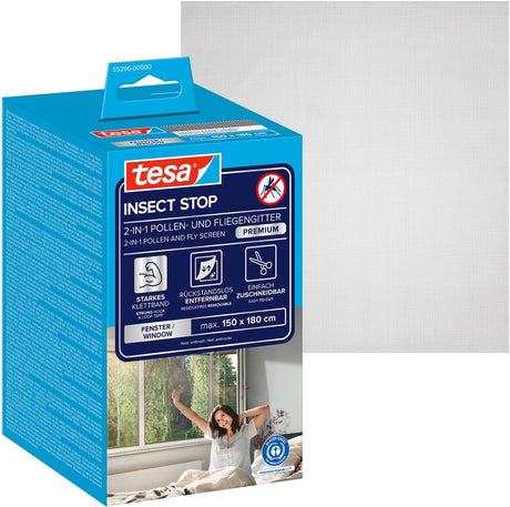 Tesa insektstop 2-i-1 pollen- og fluenet premium - skåret til, gennemsigtig pollenbeskyttelse, selvklæbende velcro, antracit - 150 x 180 cm