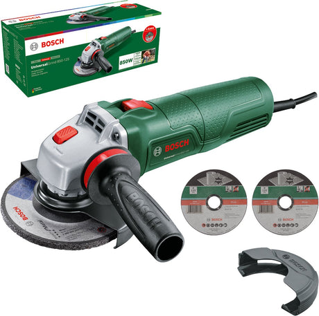 Bosch universalgrind 850-125 - vinkelsliber - inklusive vibrationskontrolhåndtag - beskyttelsesdæksel - clip-on beskyttelsesdæksel - slibeskive - 2x skæreskive