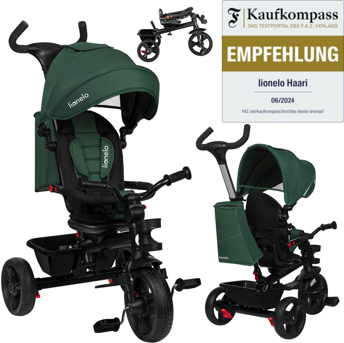 Lionelo haari - trehjulet cykel - drikkeholder - 2i1 - drejeligt sæde - vedligeholdelsesfri gummihjul - frihjul - glidestang til forældre - fortelt - kurv og taske - kopholder - vokser med dig - fra 18 måneder til 25 kg