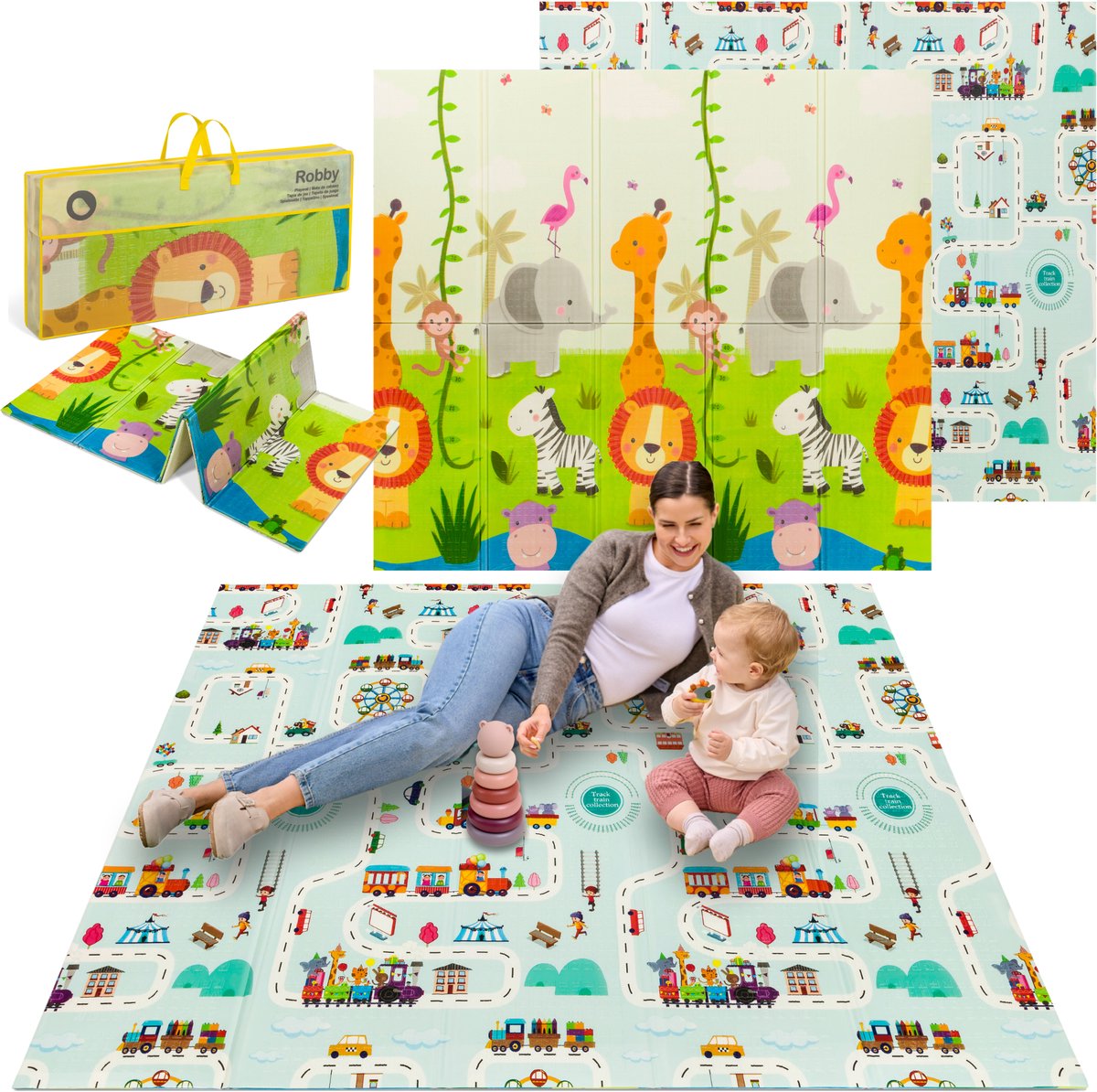 Lionelo robby - babygym 2-i-1 legemåtte - dobbeltsidet uddannelsesmåtte 180 x 200 cm - 5 legetøjstilbehør - blød, vandtæt hypoallergen måtte - perfekt til indendørs, udendørs - nem at folde sammen og opbevare