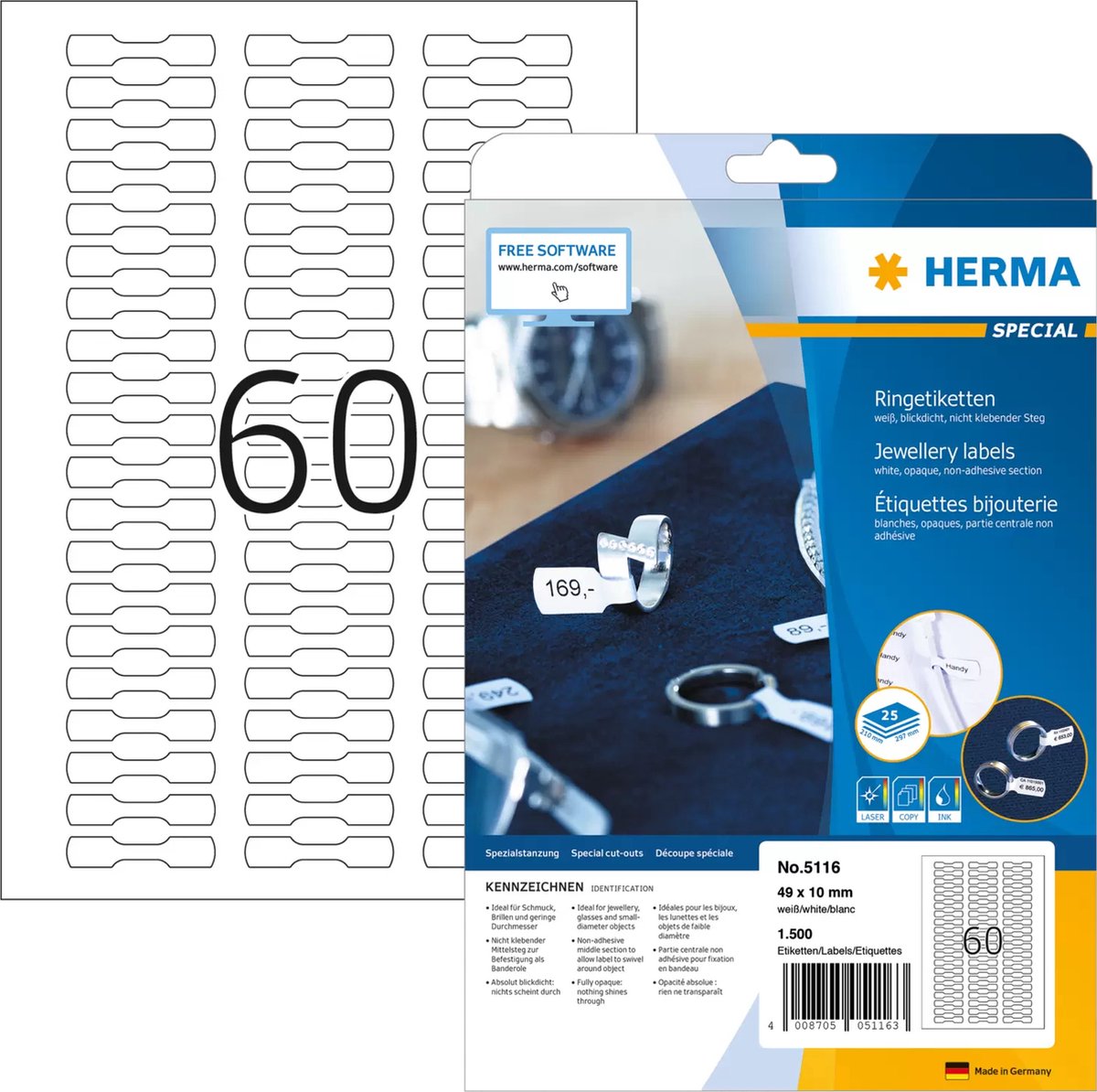 Herma ringetiketter hvid 49x10 25 ark DIN A4 1500 stk 5116