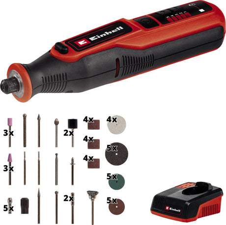 Einhell akku roterende multiværktøj - 7,2 v 1,5 ah li-ion - 5.500-26.000 t min - spændeområde: 1,6-3,2 mm - max. diameter på tilbehør: ø32 mm - max. fastgørelseslængde: 18 mm - inkl. ladestation + 57 dele tilbehørssæt