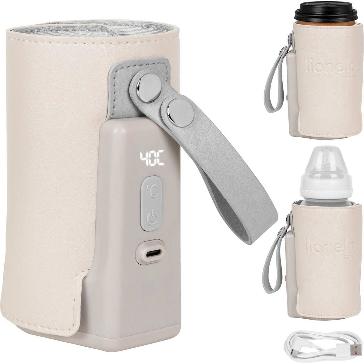 Lionelo thermup go plus bærbar flaskevarmer - 3000 mAh batteri - op til 8 timers trådløs brug - 5 temperaturindstillinger 38-50°C - USB-C genopladelig - termostat mod overophedning - til flasker 52-70 mm - BPA fri