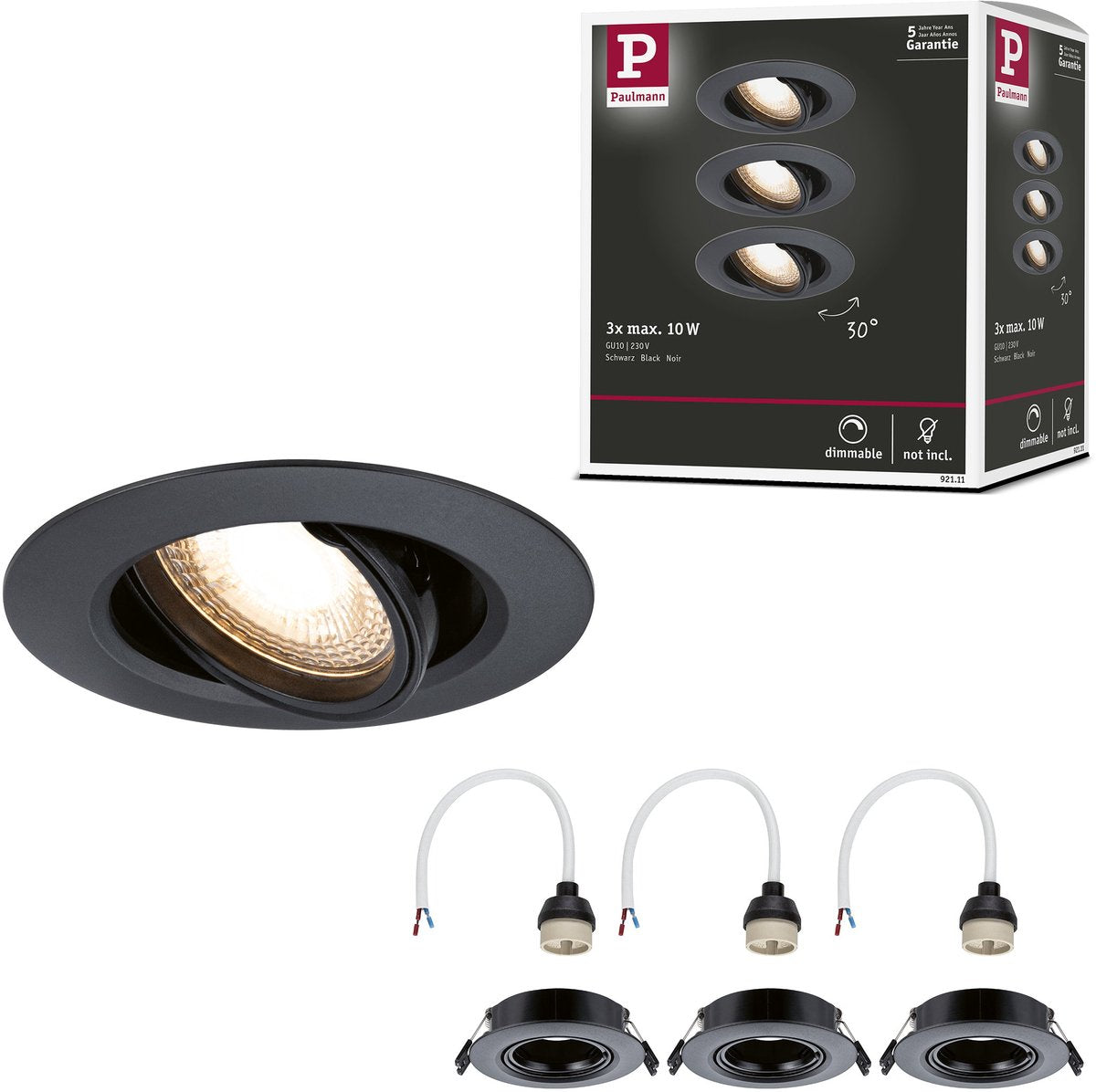 Paulmann forsænket lampesæt af 3 drejelige runde 90 mm 30° gu10 max. 3x10w 230v dæmpbar sort