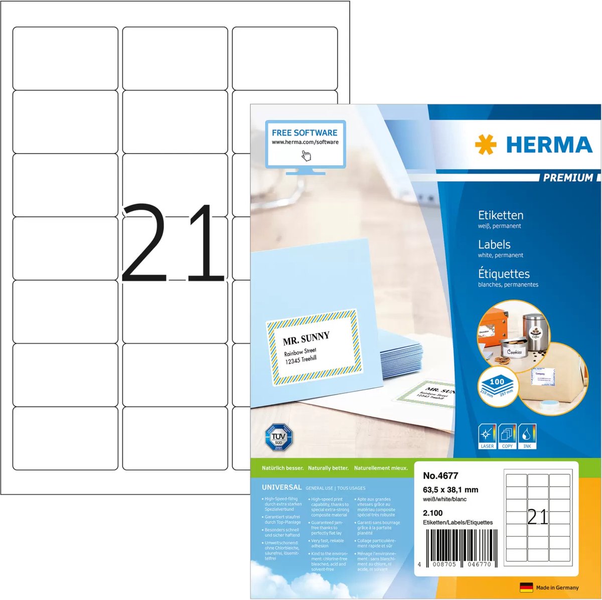 Umærket sans marque herma prem. addr.etik. 63,5x38,1 100 ark DIN A4 2100 stk 4677