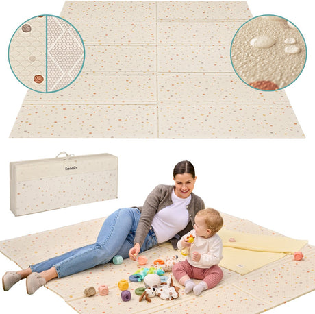 Lionelo zora legemåtte baby - premium skum legemåtte 180×200×1,5 cm - tyk dobbeltsidet kravlemåtte skridsikker - boho beige legetæppe til stue børneværelse - foldbar + opbevaringstaske - babylegetøj fra 0+ måneder - stor legemåtte til gave