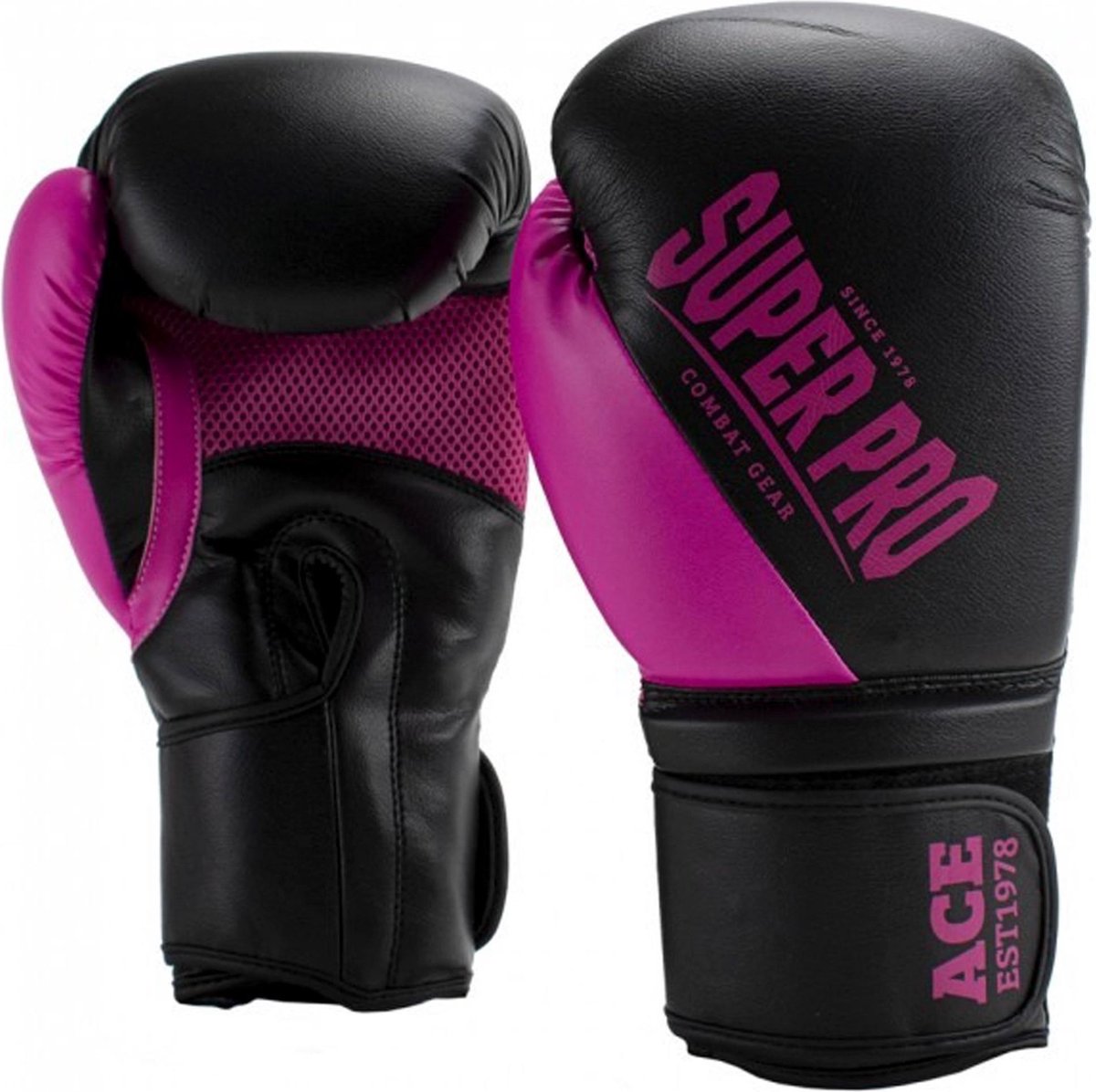 Super pro combat gear ace (kick)bokshandschoenen zwart roze 12oz