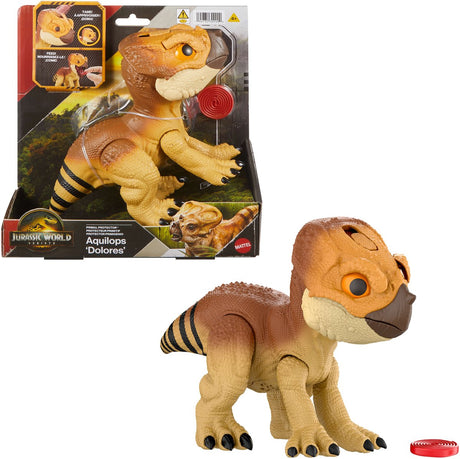 Mattel Jurassic World Rebirth Guardian Animal Aquilops 'Dolores', interaktivt dinosaurlegetøj med angrebshandling og lyde, elektronisk figur i dyrevenstil med madtilbehør