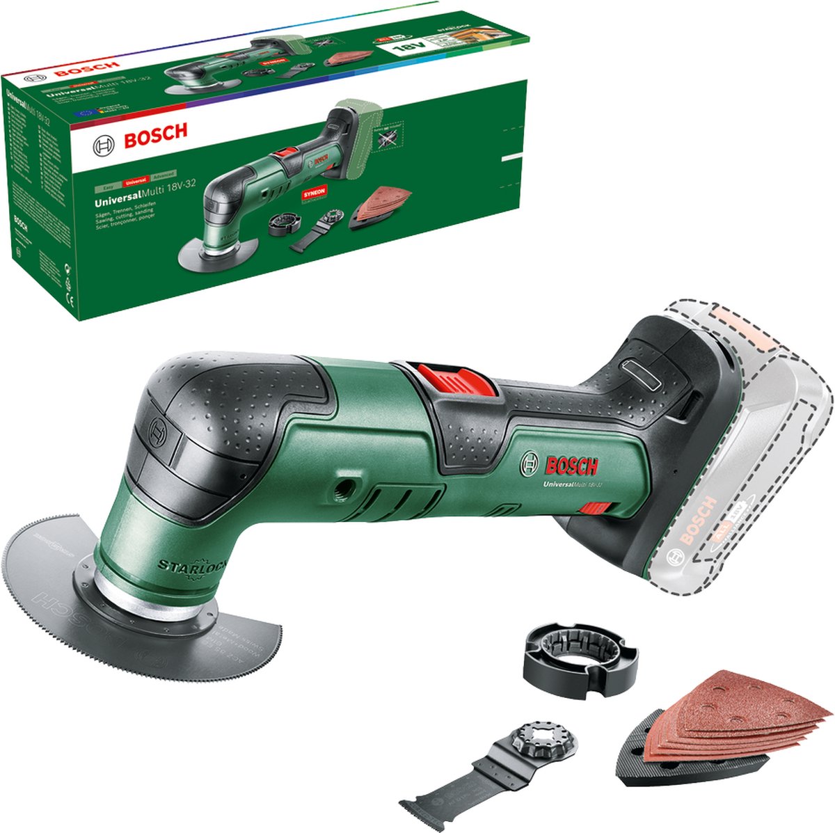 Bosch universalmulti 18v-32 - multiværktøj - inklusive 6 ark sandpapir - segmentsavklinge - dyksavklinge - dybdestop og slibefod - ekskl. oplader og batteri