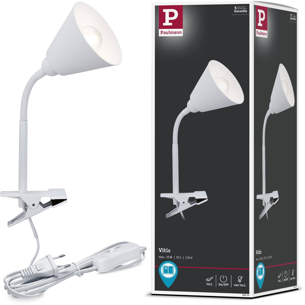 Paulmann klemlampe vitis flexarm ledningskontakt hvid 230v e14