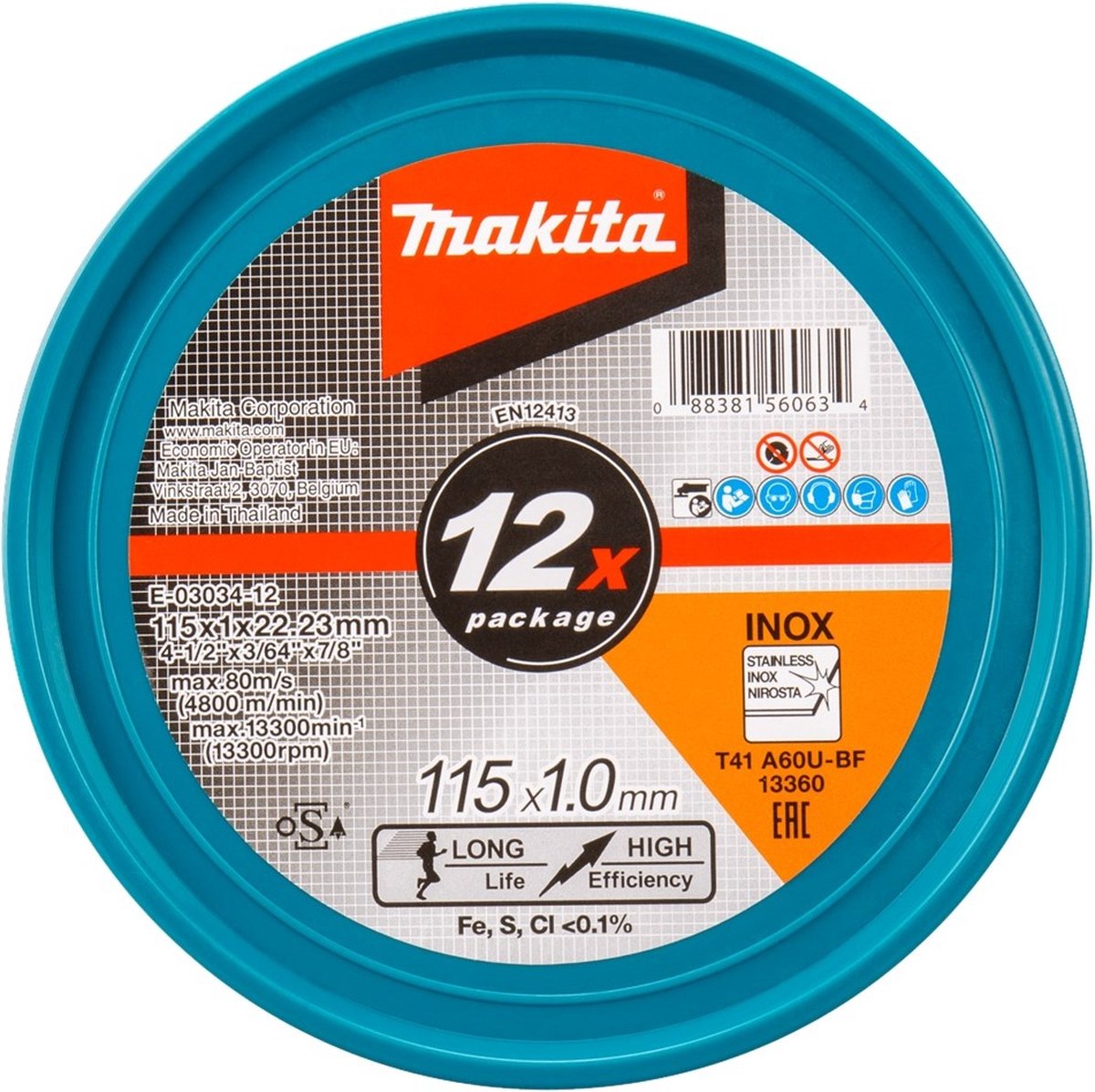 Makita e-03034-12 skæreskive i rustfrit stål | 115 x 22,23 x 1,0 mm | 12 stk