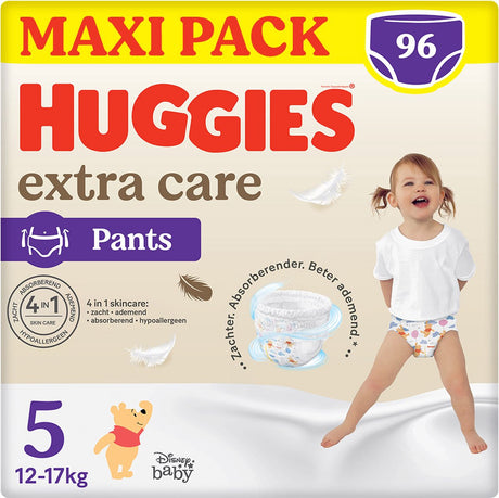 Huggies ® ekstra pleje babyblebukser, størrelse 5 (12 til 17 kg), 96 bleer med blød elastisk linning og Disney-design, maxi-pakke